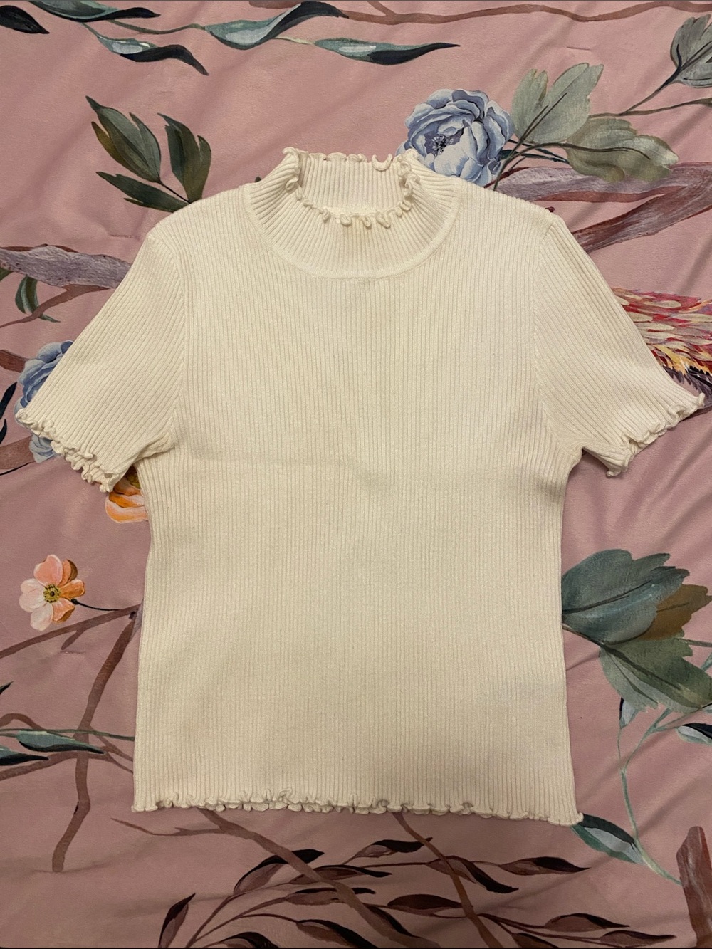 Off White Ribbed Short-Sleeve Mock Neck Top